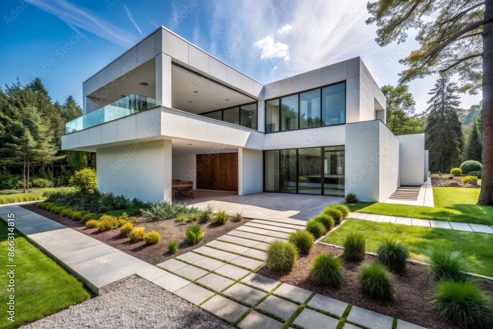 Modern minimalist white house exterior with clean geometric shapes, angular lines, and large windows, surrounded by lush greenery and natural stone pathway. Modern minimalist white house exterior with clean geometric shapes, angular lines, and large windows, surrounded by lush greenery and natural stone pathway.