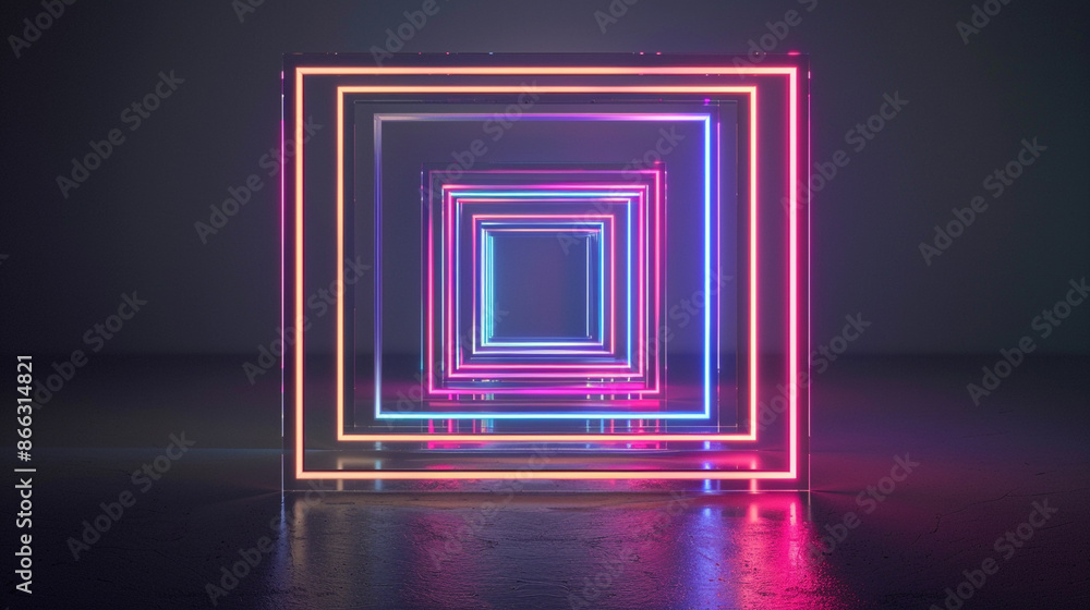 Assorted neon geometry tools forming a precise square on a dark grey backdrop. Assorted neon geometry tools forming a precise square on a dark grey backdrop.