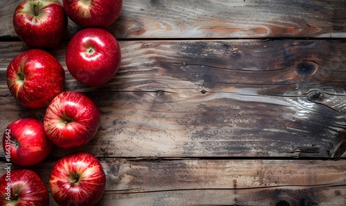 Red apples displayed on a vintage wooden table , Generative AI