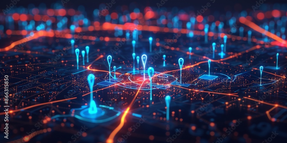 Futuristic City Map with Glowing Digital Pins Futuristic City Map with Glowing Digital Pins
