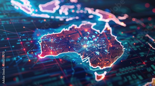 Digital map of Australia, concept of global network and connectivity, data transfer and cyber technology