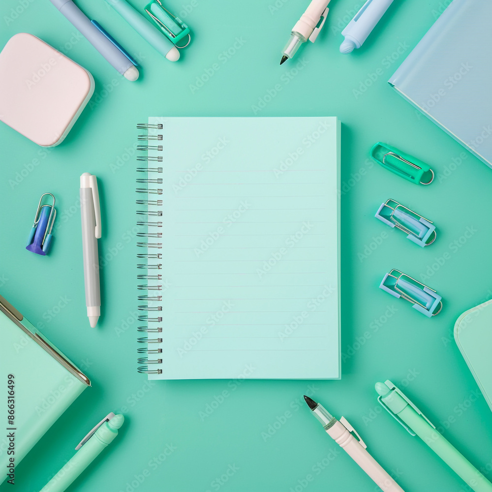Blank notebook in the center of a flat lay with stationery items like pens, markers, and an eraser on a pastel green isolated background, designed with ample text space. Blank notebook in the center of a flat lay with stationery items like pens, markers, and an eraser on a pastel green isolated background, designed with ample text space.