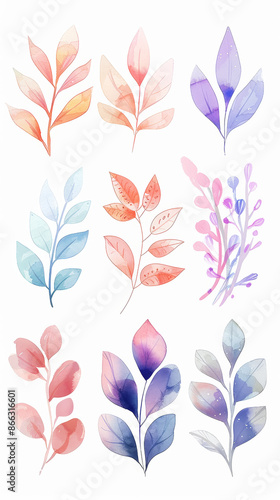 Watercolor set of aesthetic abstract thin branches and leaves in pastel colors, clean white background. Generative AI