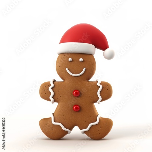 3d Illustration of cute Christmas gingerbread cookie man with red Santa hat isolated on a white background