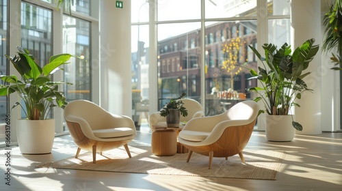 Fototapeta Naklejka Na Ścianę i Meble -  A large open office space with a couch, a coffee table, and a few potted plants