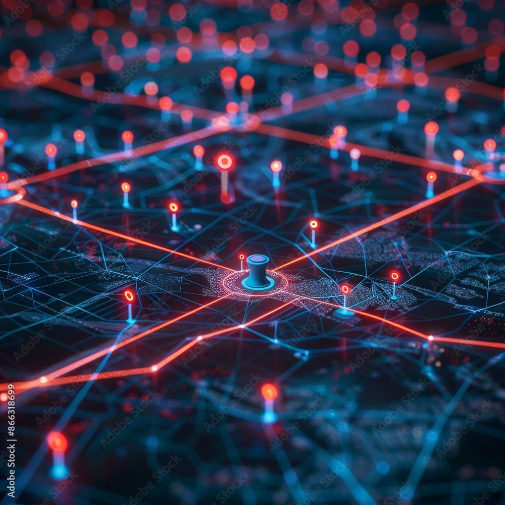 Futuristic City Map with Glowing Digital Pins Futuristic City Map with Glowing Digital Pins