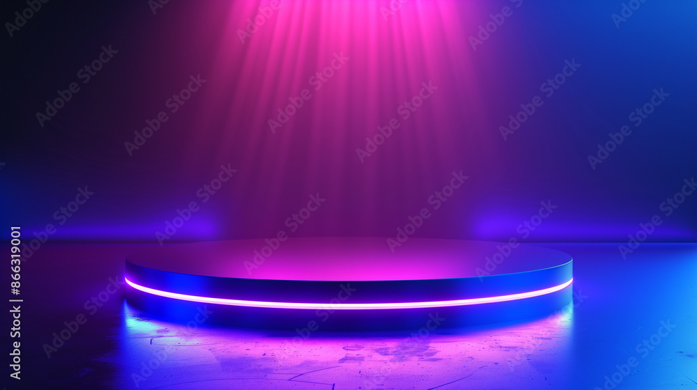 Abstract background with neon lights of blue white pink violet colors glowing on circle shaped lines on shiny reflecting stage Abstract background with neon lights of blue white pink violet colors glowing on circle shaped lines on shiny reflecting stage