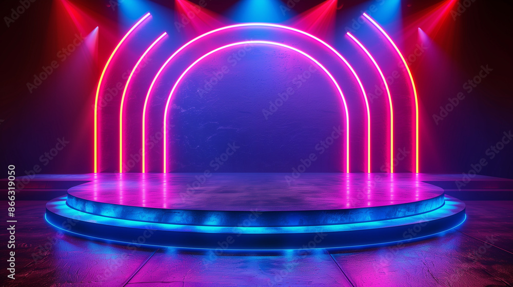 Abstract background with neon lights of blue white pink violet colors glowing on circle shaped lines on shiny reflecting stage Abstract background with neon lights of blue white pink violet colors glowing on circle shaped lines on shiny reflecting stage