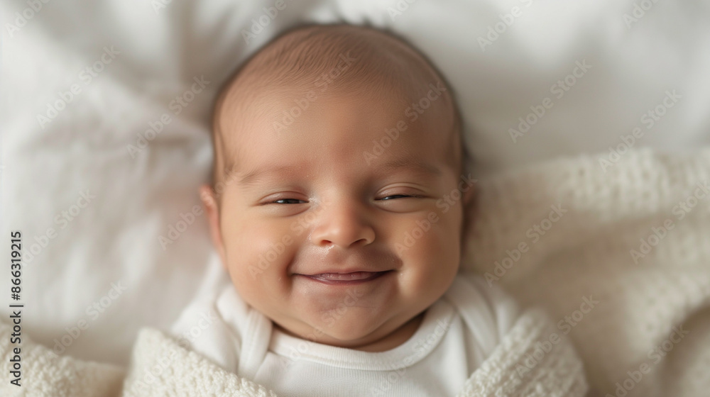Close-up natural baby expressions with copy space, a close-up photo of a baby with a serene smile, against a soft white or cream background Close-up natural baby expressions with copy space, a close-up photo of a baby with a serene smile, against a soft white or cream background