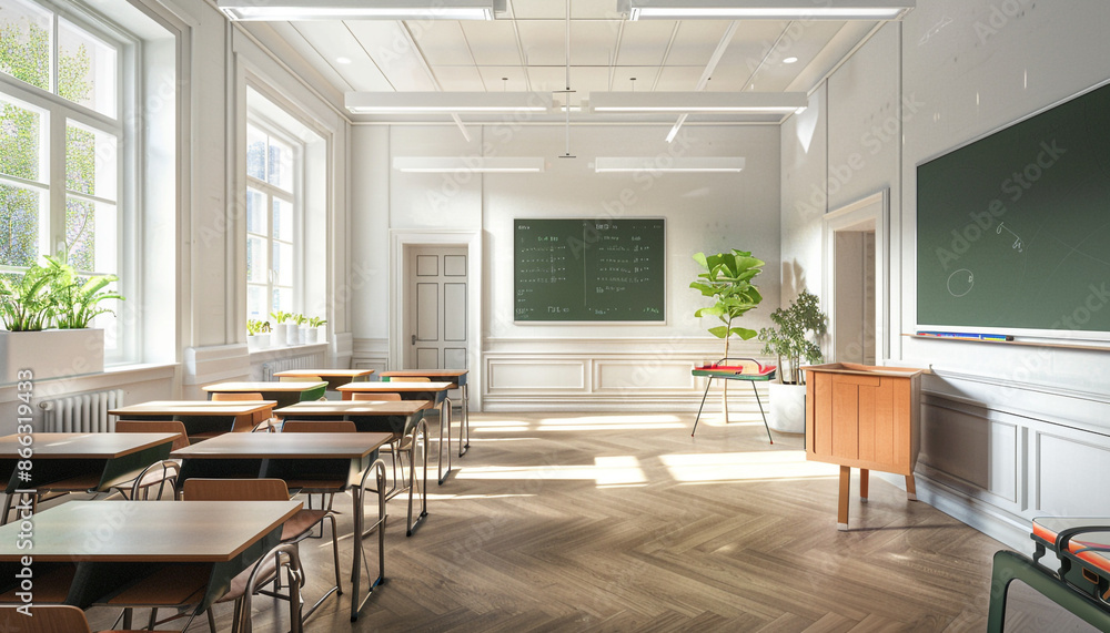 Bright classroom interior ready for back to school, featuring white walls, comfortable desks and chairs, a green blackboard, and a whiteboard. Bright classroom interior ready for back to school, featuring white walls, comfortable desks and chairs, a green blackboard, and a whiteboard.