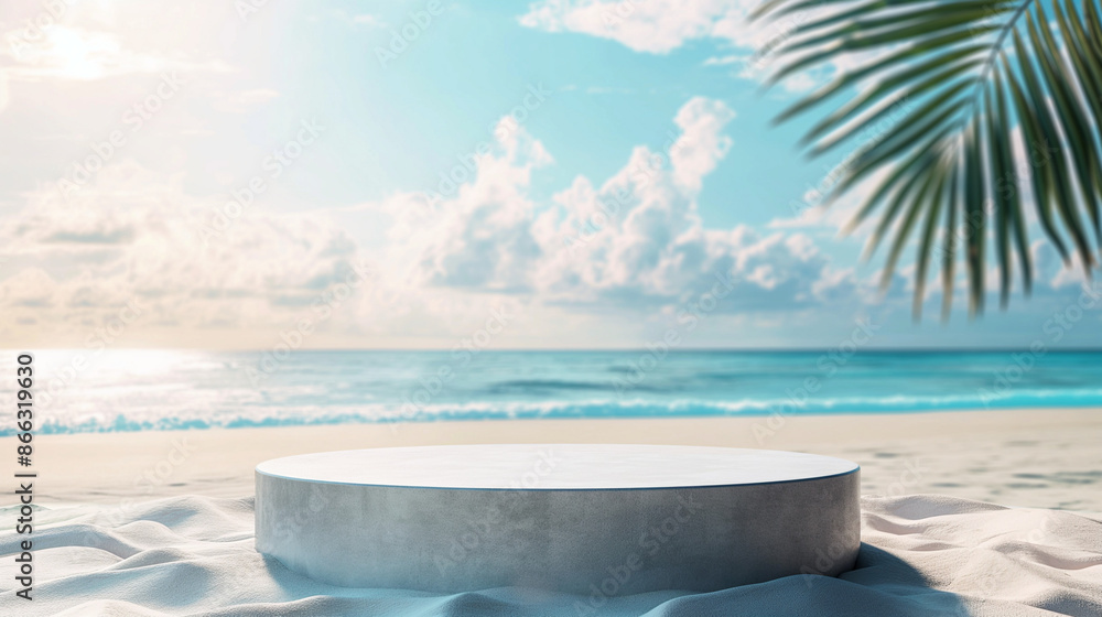 Scenic beach with round concrete pedestal and palm leaf shadow. Copy space. Generative AI Scenic beach with round concrete pedestal and palm leaf shadow. Copy space. Generative AI