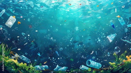 Earth day background with realistic illustration of the ocean with various plastic waste photo