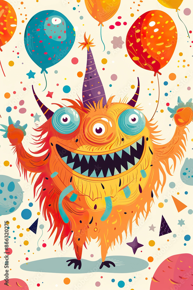 Vibrant and playful monster party scene with colorful character wearing a party hat, surrounded by balloons and confetti on light yellow background. Children's birthday. Event for kids. Vibrant and playful monster party scene with colorful character wearing a party hat, surrounded by balloons and confetti on light yellow background. Children's birthday. Event for kids.