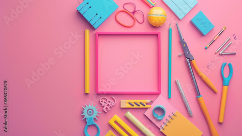 Bright educational tools arranged in a geometric square on a pastel pink backdrop.