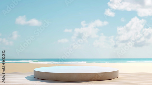 Empty podium on a sandy beach with ocean waves and blue sky in the background. Copy space. Generative AI © Volodymyr