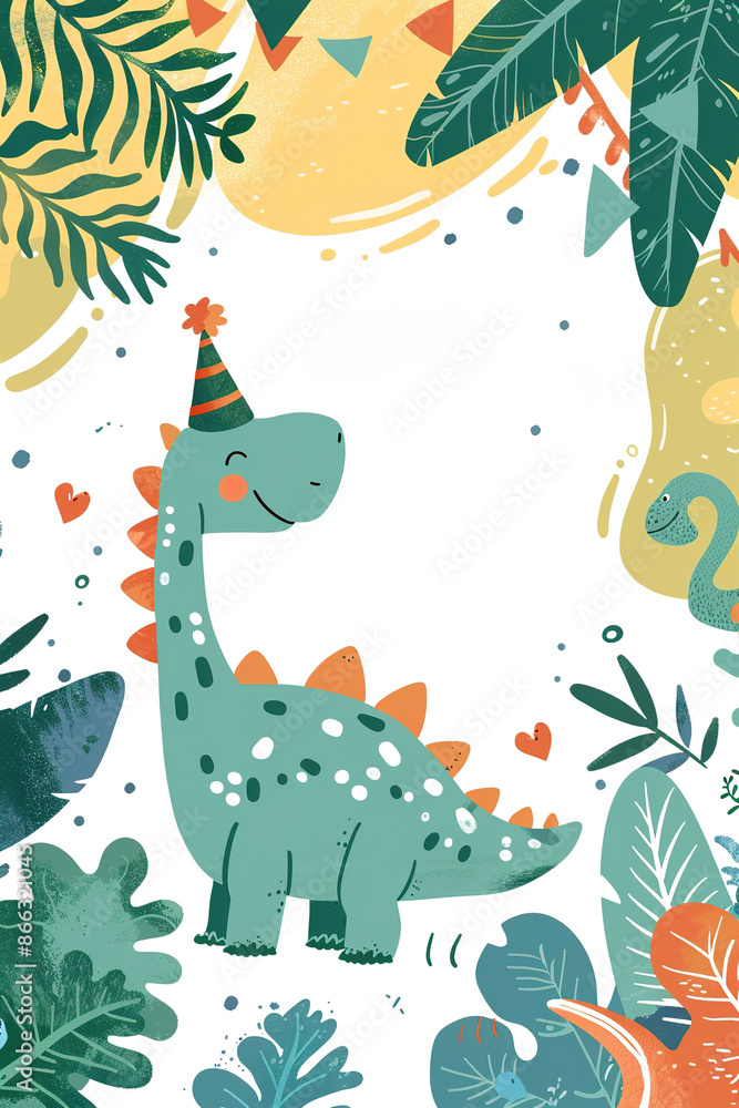 Adorable illustration of a cheerful green dinosaur in a party hat surrounded by a festive jungle setting, perfect for children's birthday invitations or decorations. Vertical format. Adorable illustration of a cheerful green dinosaur in a party hat surrounded by a festive jungle setting, perfect for children's birthday invitations or decorations. Vertical format.