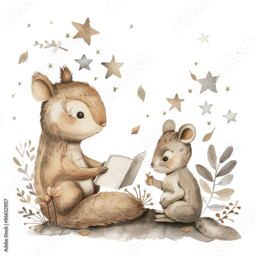 Reading Time with Bunny and Squirrel, Whimsical Woodland Animal Illustration for Kids, Isolated on Transparent Background photo