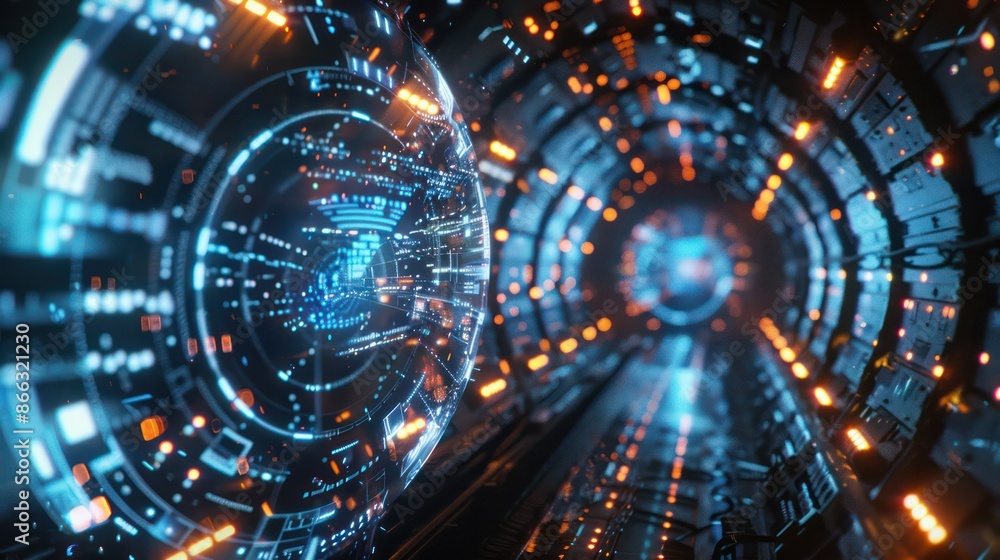A futuristic tunnel with a glowing blue and orange light A futuristic tunnel with a glowing blue and orange light