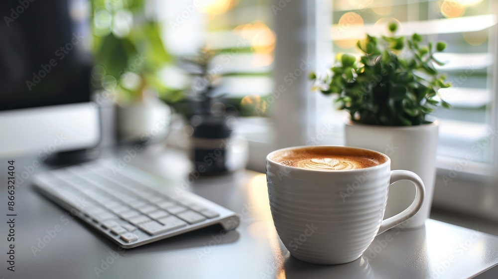 A white coffee mug sits on a desk next to a keyboard A white coffee mug sits on a desk next to a keyboard