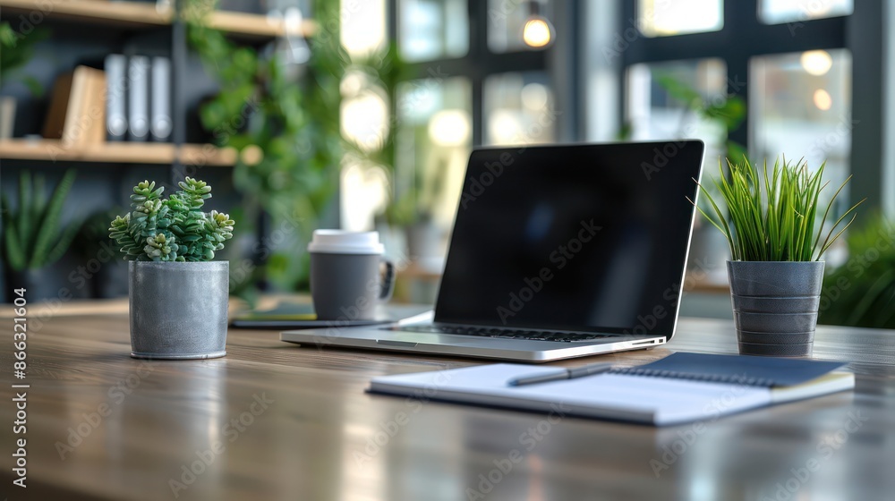 A laptop sits on a desk with a notebook and a cup of coffee A laptop sits on a desk with a notebook and a cup of coffee