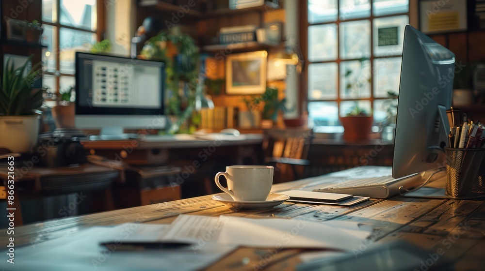 A computer desk with a white coffee cup on it A computer desk with a white coffee cup on it