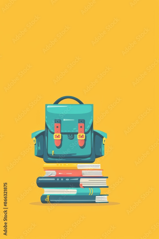 A cartoon illustration of a green backpack on top of a stack of books against a yellow background. Back to school. A cartoon illustration of a green backpack on top of a stack of books against a yellow background. Back to school.