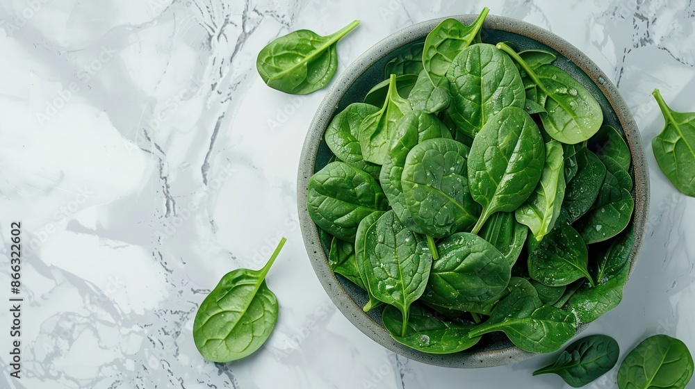 Obraz premium A bowl of fresh spinach leaves on a marble countertop