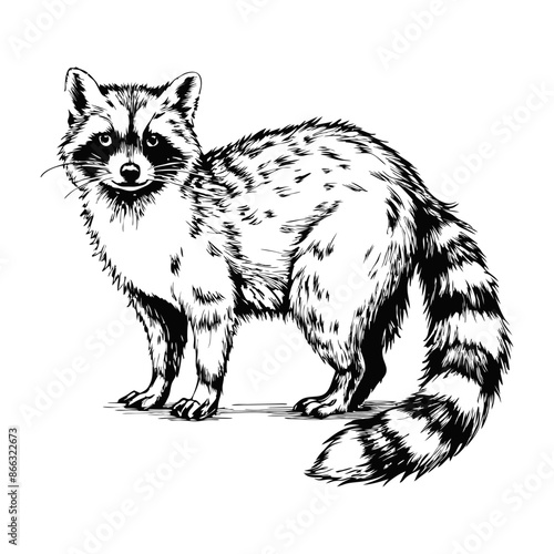 Sketch of a raccoon with a bushy tail, side view, on a white background