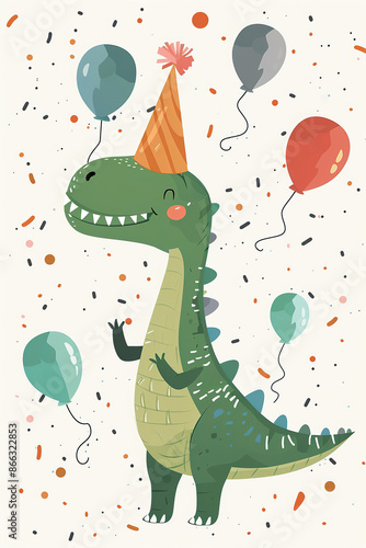 Cheerful illustration of a green dinosaur in a party hat, surrounded by colorful balloons and confetti, perfect for children's birthday cards or party invites. Vertical format. photo