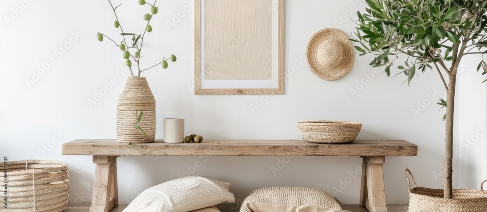 Cozy living room interior with mock-up poster, wooden bench, green plants, chic lamp, beige dish, olive tree, and personal items - Spring design for home decor. Cozy living room interior with mock-up poster, wooden bench, green plants, chic lamp, beige dish, olive tree, and personal items - Spring design for home decor.