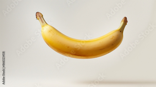 A photorealistic closeup of a floating entire banana, against a pure white background