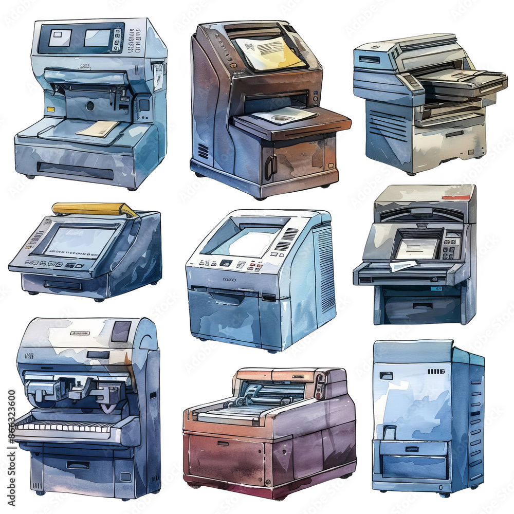 A collection of nine different office printers and copiers in various styles and colors. A collection of nine different office printers and copiers in various styles and colors.