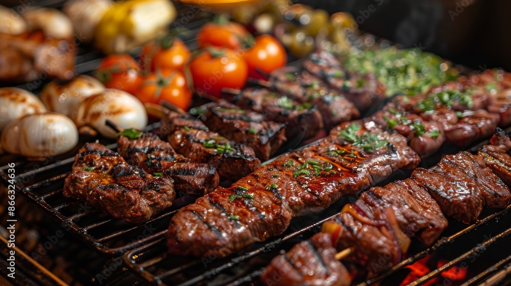 Grilled beef skewers with tomatoes, mushrooms, and onions on a grill. Delicious meal with vegetables for a barbecue or summer party. Grilled beef skewers with tomatoes, mushrooms, and onions on a grill. Delicious meal with vegetables for a barbecue or summer party.