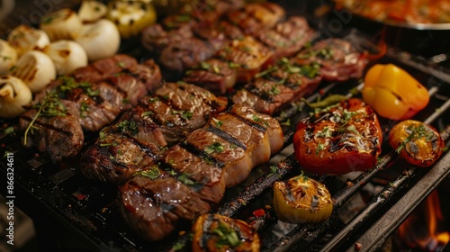 Close up of grilling meat and vegetables on bbq grill. Delicious summer food concept for outdoor cooking and entertaining friends and family. © addymawy