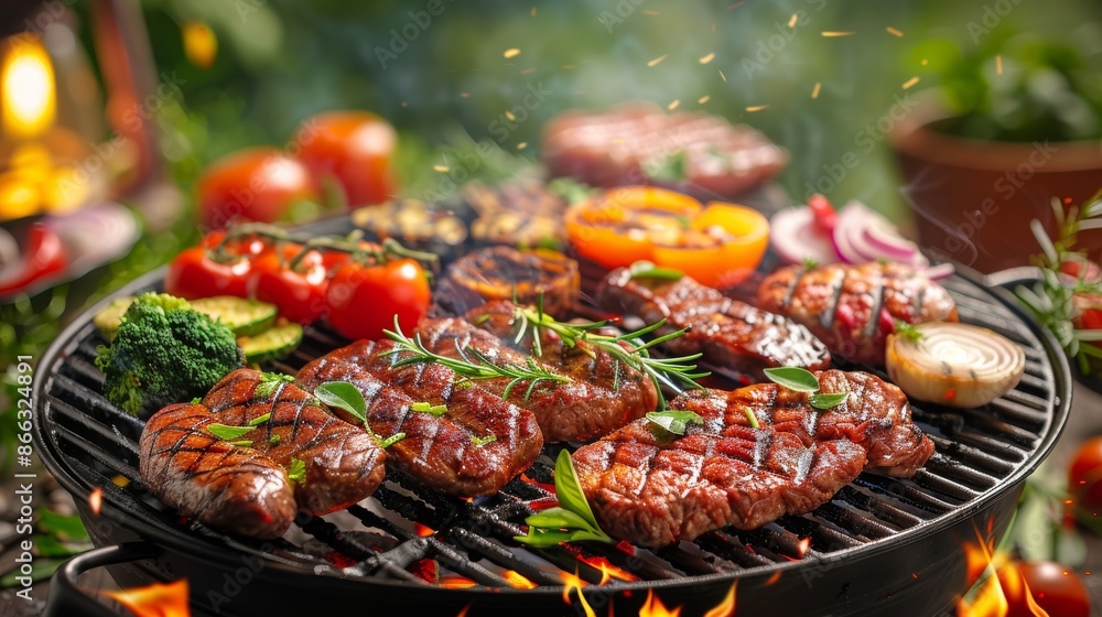 Grilled steak and vegetables on barbecue grill with flames. Delicious, juicy meat, roasted veggies, and summer backyard cookout. Concept of summer grilling, backyard fun, and tasty food. Grilled steak and vegetables on barbecue grill with flames. Delicious, juicy meat, roasted veggies, and summer backyard cookout. Concept of summer grilling, backyard fun, and tasty food.