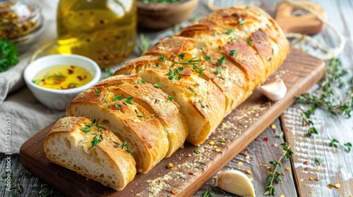 Seasoned homemade bread with olive oil and garlic photo