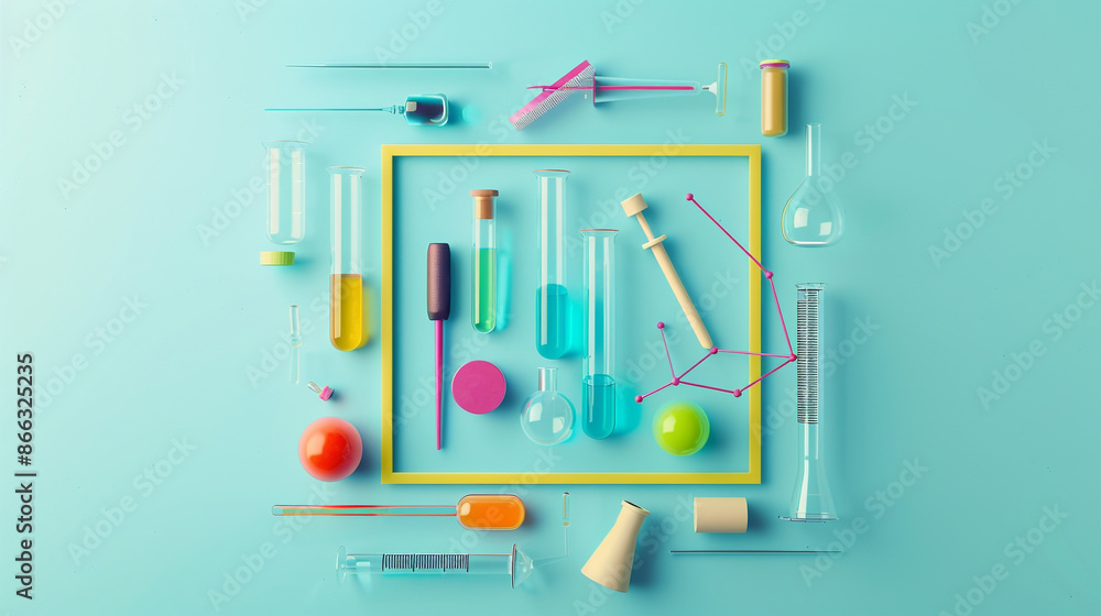 Bright science tools arranged in a geometric square on a light blue backdrop. Bright science tools arranged in a geometric square on a light blue backdrop.