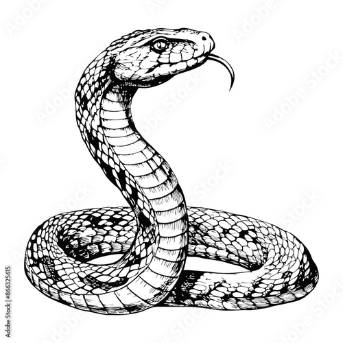 Sketch of a snake with a forked tongue, front view, on a white background