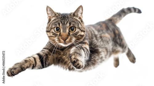 A playful tabby cat jumps in mid-air, looking at the camera against a blank background.