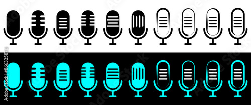 Sound icon, podcast player interface, music symbol, sound sign symbol. Microphone icon.
