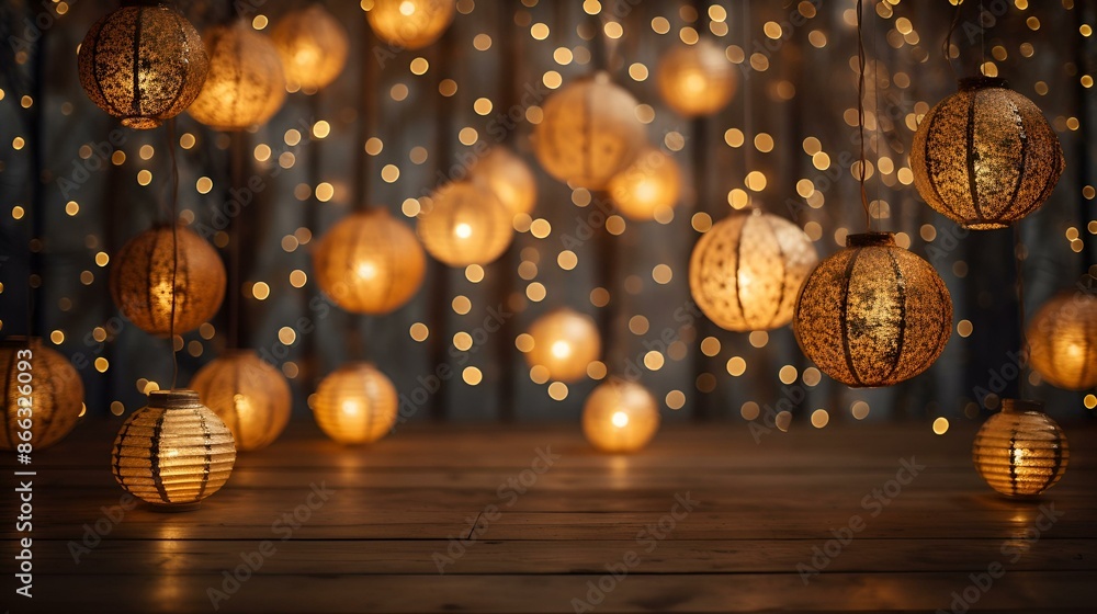 Fototapeta premium Christmas lights hanging from the ceiling, illuminating the room.