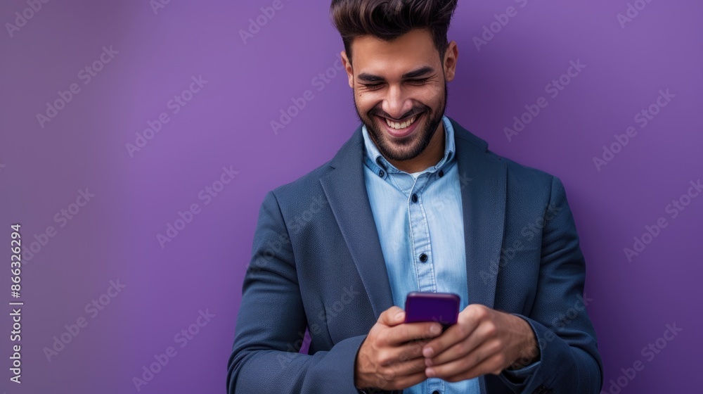 man with phone on purple background man with phone on purple background