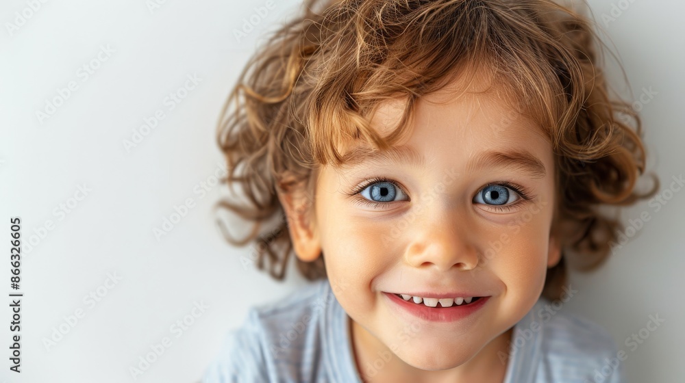 Cute little boy with curly blond hair and big blue eyes smiling happily. Adorable portrait of a child. Cute little boy with curly blond hair and big blue eyes smiling happily. Adorable portrait of a child.