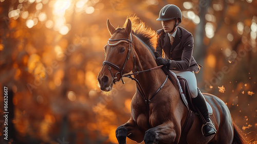 female with riding horse, equestrian sports photo