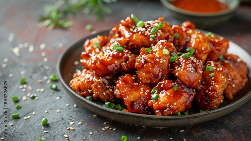 Spicy Korean Chicken Wings with Sesame Seeds and Green Onions, Delicious Food Photography Spicy Korean Chicken Wings with Sesame Seeds and Green Onions, Delicious Food Photography