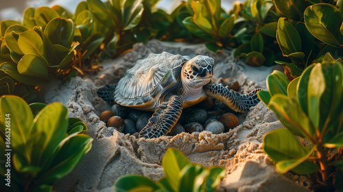 turtle and eggs on sand