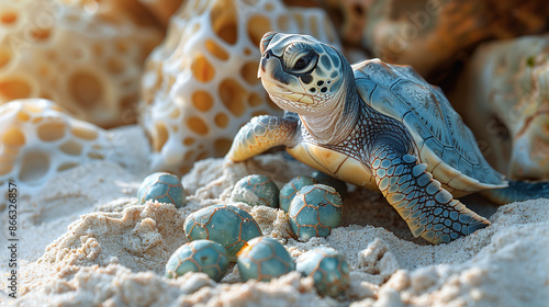 turtle and eggs on sand