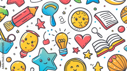 Seamless pattern with cute cartoon doodles of school supplies like pencils, books, hearts, and stars. Back to school.