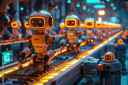 An assembly line of various robots being constructed in a high-tech factory, vibrant colors and dynamic lighting