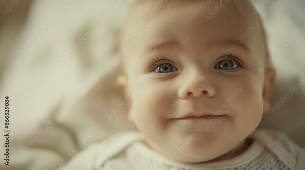Close-up natural baby expressions with copy space, a close-up image of a baby showing a thoughtful smile, set against a white or cream background Close-up natural baby expressions with copy space, a close-up image of a baby showing a thoughtful smile, set against a white or cream background